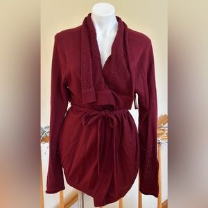 Calvin Klein Burgundy Tight knit sweater With  belt, shawl &  collar Sz L